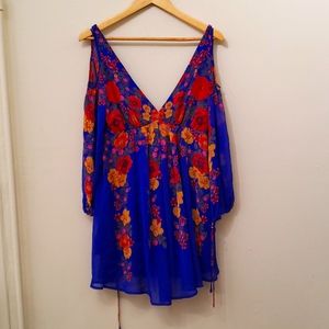 Free people blue floral mini dress, bell sleeves, backless, small (s)